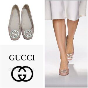 Gucci Women's Ballet Flats Pink Satin Square Toe GG Crystal Logo Designer Shoes